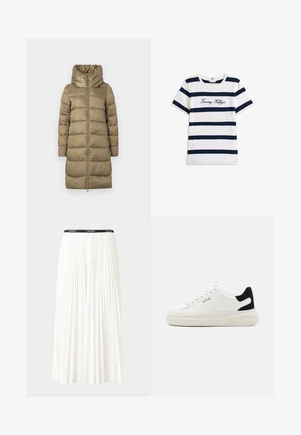 Khaki Daunenjacke mit hohem Kragen und durchgehendem Reißverschluss, ausgestattet mit horizontalem Steppmuster und glatter Textur.; Baumwoll-T-Shirt mit horizontalen navy-blauen Streifen auf weißem Hintergrund. "Tommy Hilfiger" in Kursivschrift auf der Brust gestickt. Runder Halsausschnitt.; Faltenrock aus Weiß mit einem schwarzen elastischen Bund, der das "LACOSTE"-Logo trägt. Mittellanges Design mit weicher Textur.; Weiße Leder-Sneaker mit einer dicken weißen Sohle, schwarzem Wildlederakzent an der Ferse und geprägtem Logo an der Seite. Schnürdesign mit sechs Ösen.