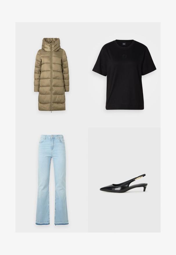 Khaki puffer coat with a high collar and full front zipper, featuring horizontal quilted design and smooth texture.; Black cotton t-shirt with a crew neckline, short sleeves, and an embroidered logo on the chest. Simple, relaxed fit with no patterns.; Light blue flared jeans made of denim, featuring a high waist, front pockets, and a raw hem at the cuffs for a casual look.; Black leather slingback heels with a pointed toe, featuring a slim heel and a gold-tone accent on the adjustable strap. Smooth texture.