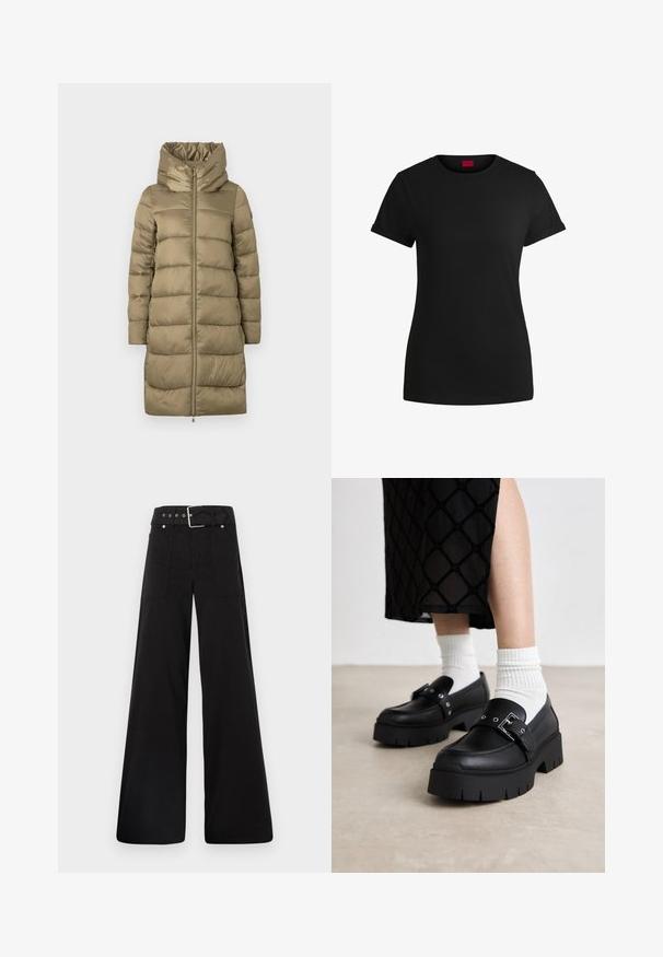 Vaatteet pehmeätä pintaa, khaki-värinen puhvitakki, jossa on korkea kaulus ja täysipitkä vetoketju, sekä vaakasuuntainen tikkikuvio.; Mustapaita, jossa on lyhyet käärityt hihat, pyöreä kaula-aukko ja punainen etiketti. Sileä pinta, istuva muoto ja minimaalinen yksityiskohtaisuus.; Mustat leveälahkeiset housut, jotka on valmistettu puuvillasta. Ne ovat korkeavyötäröiset, suuriin sivutaskuihin ja vyön kanssa varustettu, jossa on hopeanväriset yksityiskohdat.; Musta platform loafers, joissa on sileä nahkapinta, varustettuna solk yksityiskohdilla ja niittikoristeilla, yhdessä valkoisten ribbattujen sukkien kanssa.