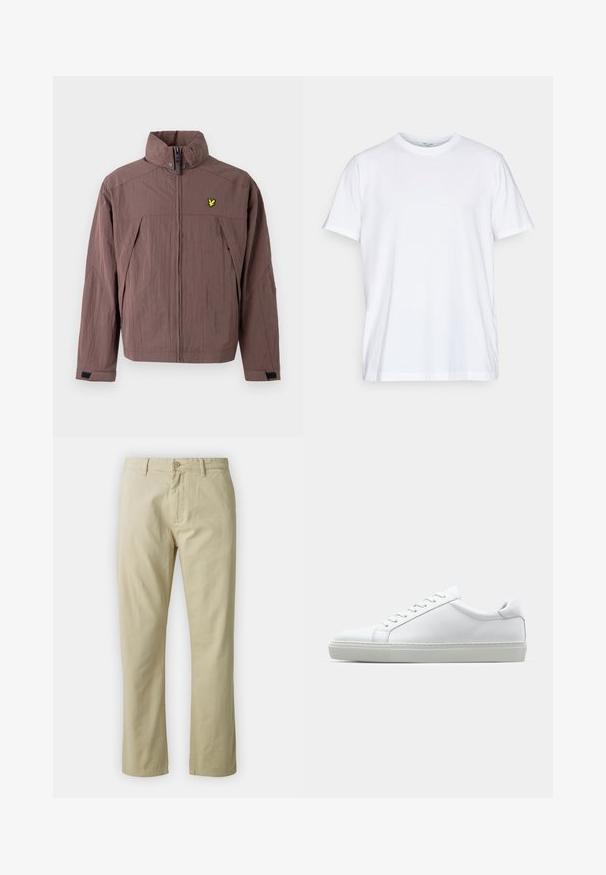 Giacca marrone con chiusura a zip, realizzata in tessuto strutturato, con collo alto e un piccolo logo giallo sul petto a sinistra. Include tasche laterali.; T-shirt bianco in cotone con maniche corte, scollo rotondo e vestibilità comoda. Presenta un design minimalista, senza motivi né accenti.; Pantaloni in cotone beige dal design a gamba dritta, con chiusura frontale a bottone e passanti per cintura. Tessuto liscio, senza motivi o dettagli visibili.; Sneaker bianco con tomaia in pelle liscia e profilo basso. Presenta una punta arrotondata, sei occhielli e una suola in gomma testurizzata.