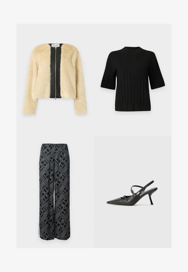 Kunstkarvane jope, mille eesmine osa on kreemivärvi ja seljaosa mustast nahast, lukuga kinnitamine ja pikad varrukad. Pehme tekstuur, lühike disain.; Mustmustard mustrepp kootna, kuuidrust täparide kujuga taht seteheldat, milles vertikaalsed jooned ja kitser kuju.; Laiad püksid, mis on valmistatud mustast kangast ja millel on valge geomeetriline muster. Elastne vöökoht, voolav disain ja külgmised lõhikad.; Must musta slingback kontsad, terava nina, peenike konts ja dekoratiivne pandla detail peal. Sile tekstuur ja stiilne disain.