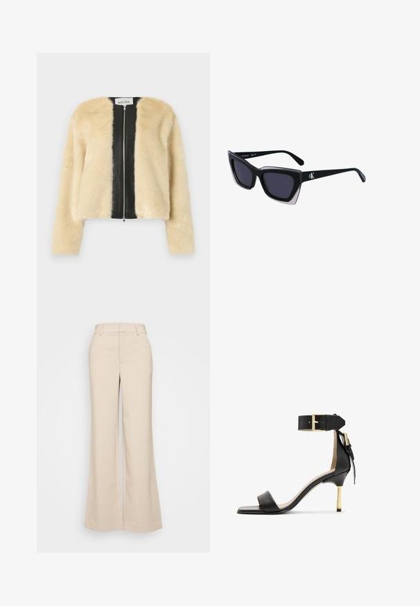 Műszőrme dzseki krémszínű elülső résszel, fekete bőr hátrésszel, cipzáras záródással és hosszú ujjakkal. Puha tapintású, cropped fazon.; Fehér pamut póló rövid ujjal, kerek nyakkivágással, laza fazonnal, és nincsenek rajta látható minták vagy grafikák. Sima textúra és egyszerű dizájn.; Beige, bő szárú nadrág sima textúrával, magas derékkal és két elülső zsebbel. Tiszta dizájn, elegáns szabású.; Fekete bőr sarkú szandál négyzet alakú orral, boka pánttal, arany csattal, és vékony fém sarkal. Simább textúra, minimalista dizájn.; Fekete, nagyméretű napszemüveg geometrikus formával, sötét lencsékkel és kontrasztos szürke részlettel a kereten. Logó a szárán.