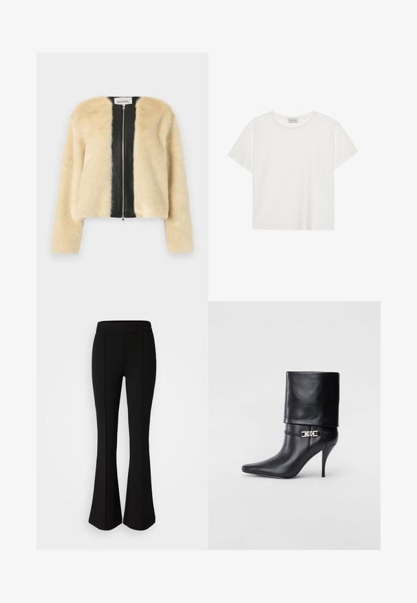 Giacca in pelliccia sintetica con parte anteriore crema, retro in pelle nera, chiusura con zip e maniche lunghe. Texture morbida, design corto.; T-shirt bianco a maniche corte realizzato in morbido cotone. Presenta un collo rotondo e una vestibilità comoda. Design pulito senza modelli o dettagli visibili.; Pantaloni neri a zampa d'elefante realizzati in un materiale elastico con una texture liscia, caratterizzati da dettagli delle cuciture lungo la parte anteriore per un tocco di design in più.; Stivale ankle in pelle nera con punta affusolata, alto tacco a stiletto, risvolto sulla caviglia e un elegante dettaglio in oro con fibbia decorativa.