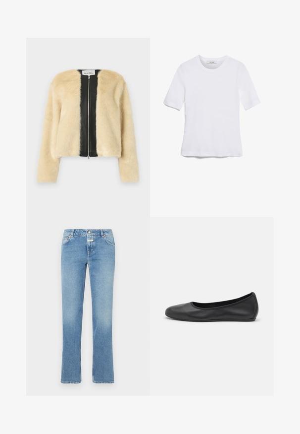 Syntetická kožušinová bunda so smotanovým predným dielom, čiernym koženým zadným dielom, zipsom a dlhými rukávmi. Mäkká textúra, skrátený strih.; Biela krátka tričko s krátkymi rukávmi vyrobené z rebrovanej látky. Klasický okrúhly výstrih, bežný strih a jemné švy. Bez vzorov alebo grafiky.; Modré denim jeans so rovnou nohou, stredným pásom, piatimi vreckami a jemným vyblednutím po celej tkanine.; Čierne kožené baleríny s okrúhlou špičkou, hladkým povrchom, minimálnym prešívaním a flexibilným dizajnom podrážky.