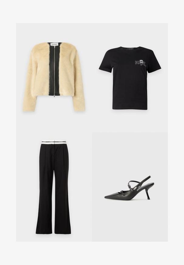 Kunstkarvane jope, mille eesmine osa on kreemivärvi ja seljaosa mustast nahast, lukuga kinnitamine ja pikad varrukad. Pehme tekstuur, lühike disain.; Must ja lühikeste varrukatega T-särk, mis on valmistatud puuvillast. Esiküljel on valge graafika tekstiga "KARL" ning stiliseeritud kuju. Ümar kaelus.; Mustad püksid, millel on mugav lõige, valge elastse vöökohtaga, millel on kaubamärgi logo. Valmistatud siledast kangast, millel on kerge läige.; Must musta slingback kontsad, terava nina, peenike konts ja dekoratiivne pandla detail peal. Sile tekstuur ja stiilne disain.