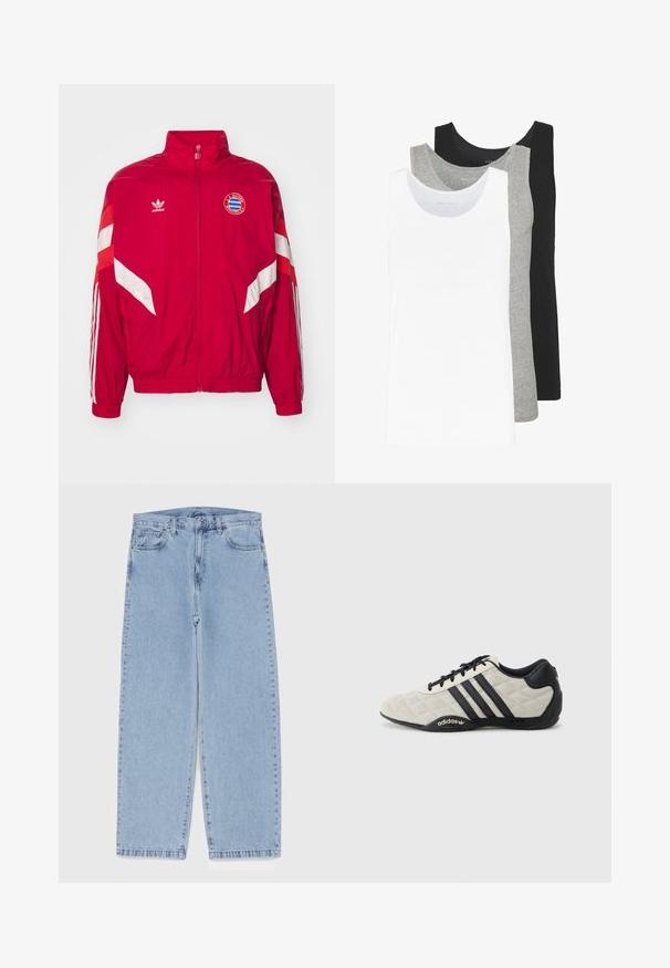 Röd vindjacka med vita accenter, full dragkedja, hög krage, med Adidas-logotyp och Bayern Münchens märke. Lätt tyg.; Tre linnen i vitt, grått och svart. Varje linne har en klassisk ärmlös design, tillverkat av lätt bomullstyg med ribbad struktur.; Ljusblå denimjeans med rak bendesign, midjehög midja, fem fickor samt knapp- och dragkedjestängning.; Adidas sportskor med en strukturerad, ljusgrå ovandel och svarta läderdetaljer. Har en svart tre-rands logotyp och en vadderad sula.