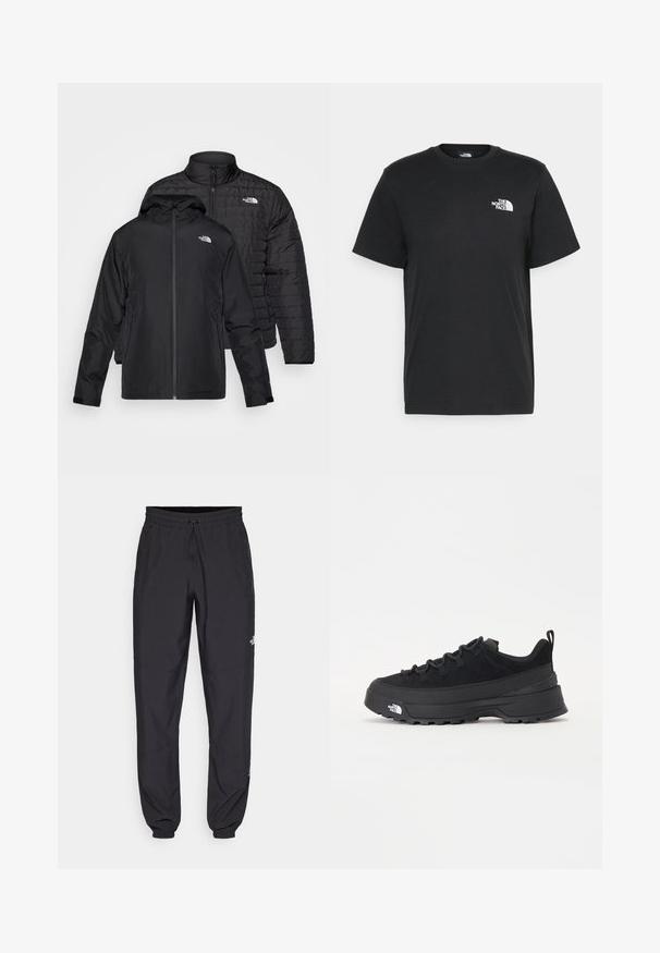Două jachete negre stivuite: una este o jachetă pufosă, căptușită, cu guler înalt; cealaltă este o jachetă ușoară cu glugă și închidere cu fermoar.; Tricou negru din bumbac, cu mâneci scurte, guler rotund și un mic logo alb pe pieptul stâng. Design simplu, textură netedă și croială lejeră.; Pantaloni atletici negri, confecționați dintr-un material ușor, cu un tiv elastic la talie, buzunare laterale și tivuri ajustate la gleznă.; Tenisi de exterior negri cu superior din daim, talpă din cauciuc texturat și sistem de șireturi solid. Prezintă un călcâi întărit și un logo al mărcii pe lateral.