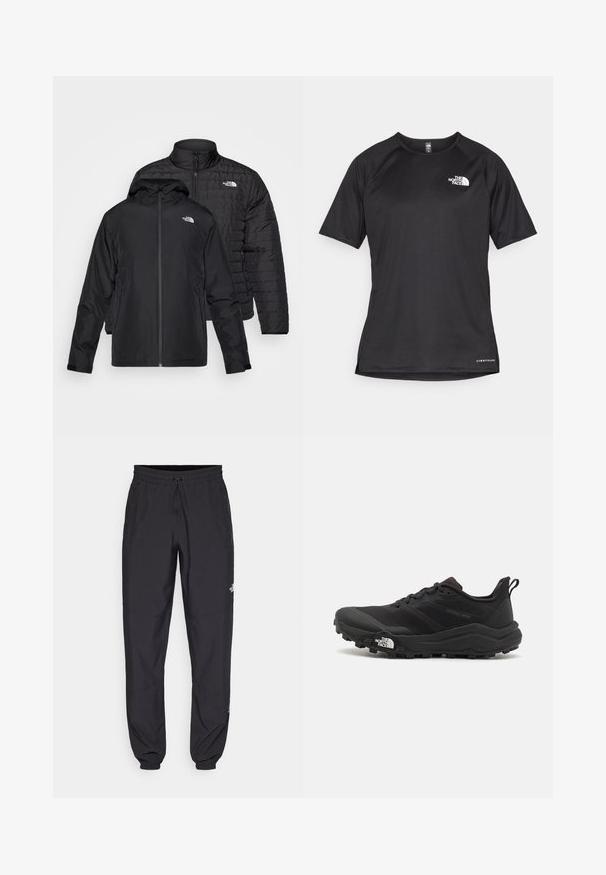 Două jachete negre stivuite: una este o jachetă pufosă, căptușită, cu guler înalt; cealaltă este o jachetă ușoară cu glugă și închidere cu fermoar.; Tricou athletic scurt, de culoare neagră, cu un material texturat, având un logo alb pe partea stângă a pieptului și un tiv drept.; Pantaloni atletici negri, confecționați dintr-un material ușor, cu un tiv elastic la talie, buzunare laterale și tivuri ajustate la gleznă.; Pantofii de alergare pe teren accidentat, de culoare neagră, cu un superior texturat, talpă din cauciuc și vârf întărit. Prezintă un guler căptușit și o bandă de prindere pentru îmbrăcare ușoară.