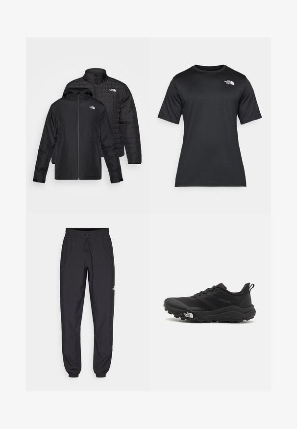 Dvoje čiernych búnd naskladaných: jedna je puffy, prešívaná bunda s vysokým golierom; druhá je ľahká bunda s kapucňou a zipsovým uzáverom.; Čierne tričko s krátkym rukávom vyrobené z ľahkej, vlhkosť odvádzajúcej tkaniny. Má biele logo na ľavej strane hrudníka a okrúhly výstrih.; Čierne športové nohavice vyrobené z ľahkej tkaniny, s elastickým pásom na šnurovanie, bočnými vreckami a zúženými manžetami na členkoch.; Čierne trailové behacie topánky s štruktúrovaným zvrškom, gumovou podrážkou a vystuženou špičkou. Obsahuje polstrovaný golier a úchyt na jednoduché obúvanie.