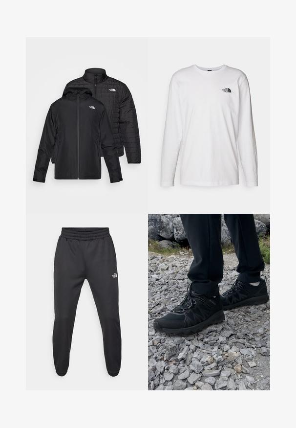 Dvě černé bundy naskládané na sobě: jedna je péřová, prošívaná bunda s vysokým límcem; druhá je lehká bunda s kapucí a zipem.; Bílý dlouhý rukáv tričko vyrobené z bavlny s kulatým výstřihem. Na hrudi se nachází malé černé logo. Hladká textura, běžný střih.; Černé tepláky s nastavitelným pasem, zúženým střihem, elastickými manžetami a malým bílým logem na levém stehně, vyrobené z hladké tkaniny.; Černé venkovní boty z prodyšného a syntetického materiálu, s texturovaným svrškem, bezpečným šněrovacím systémem a robustní podrážkou, na skalnatém terénu.