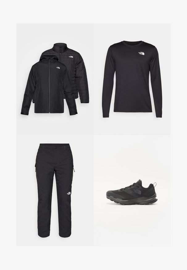 Twee zwarte jassen gestapeld: de ene is een puffy, gewatteerde jas met een hoge kraag; de andere is een lichtgewicht jas met een capuchon en ritssluiting.; Zwart performance T-shirt met lange mouwen, gemaakt van lichtgewicht stof, met een wit logo op de bovenste linkerborst. Gladde textuur.; The North Face WINTER EXPLORATION TAPERED CARGO - Outdoorbroeken - black; Zwarte sportieve sneaker met een bovenkant van mesh, rubberen zool en een zachte kraag. Voorzien van veters, een logo op de zijkant en een gestructureerd ontwerp.