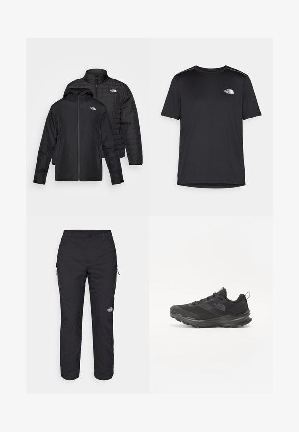 Dva crna sakoa jedan na drugom: jedan je pocepan, prešani sakou s visokim ovratnikom; drugi je lagani sakou s kapuljačom i zatvaračem.; Crna majica kratkih rukava izrađena od lagane tkanine. Ima mali bijeli logo na lijevoj strani grudi i suptilne naglaske na ramenima.; The North Face WINTER EXPLORATION TAPERED CARGO  - Hlače za otvoreno - black; Crne sportske tenisice s mrežastim gornjim dijelom, gumiranom potplatom i podstavljenim rubom. Imaju vezice, logo sa strane i teksturirani dizajn.