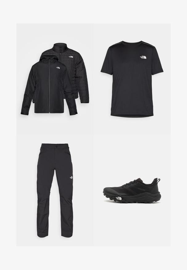 Två svarta jackor staplade: en är en puffy, vadderad jacka med hög krage; den andra är en lätt jacka med huva och dragkedja.; Svart kortärmad T-shirt i lättviktig tyg. Har en liten vit logotyp på vänster bröst och subtila axeltoner.; Svarta utomhusbyxor med en dragkedja framtill, syntetiskt material, avsmalnande ben och förstärkta knäpaneler. Har en knappstängning.; Svart terränglöparsko med en strukturerad ovandel, gummisula och förstärkt tåhätta. Har en vadderad krage och en dragflik för enkel påtagning.