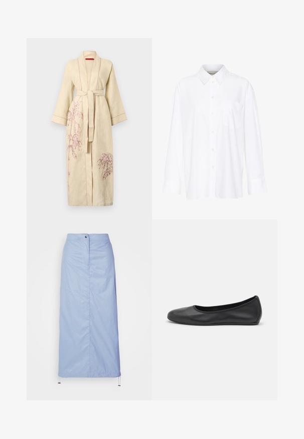 Ľahký plášť v bledohnedej farbe so svetloružovou výšivkou rastlín, dlhé rukávy, viazanie v páse a kontrastné prešitie pozdĺž okrajov.; Biela košeľa s dlhým rukávom a golierom vyrobená z bavlny. Má zapínanie na gombíky vpredu a jednu náprsníku vrecko. Hladká textúra, voľný strih.; Svetlomodrá, sukňa strednej dĺžky vyrobená z hladkého, ľahkého materiálu so širším strihom, s predným zapínaním na gombíky a šnúrkovým lemom.; Čierne kožené baleríny s okrúhlou špičkou, hladkým povrchom, minimálnym prešívaním a flexibilným dizajnom podrážky.
