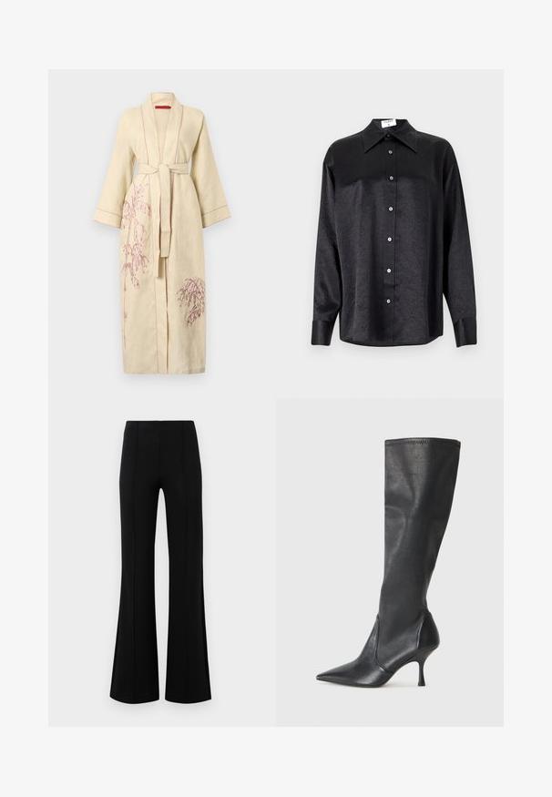 Linen robe in pale yellow with pink embroidery of plants, long sleeves, tie waist, and contrasting stitching along the edges.; Black long-sleeve shirt with a collared neckline, featuring a crinkled texture, full button front, and cuffs. Made from a smooth fabric.; Black flared pants with a high waist, made of stretchy fabric. Features vertical seam details on the front and a smooth texture.; Knee-high black leather boots with a pointed toe and a slim stiletto heel. Smooth texture with a fitted design and stitching at the top edge.