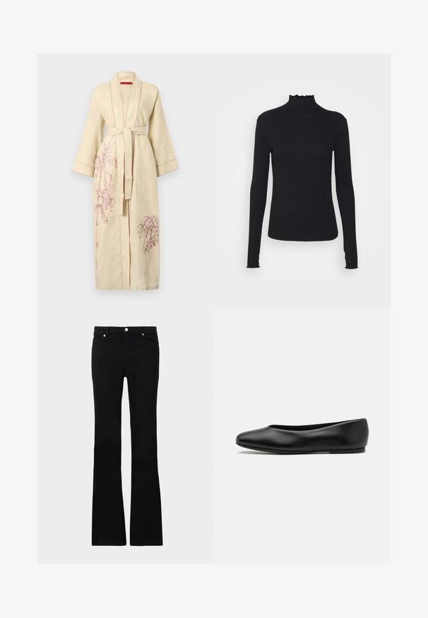 Lněný župan ve světle žluté barvě s růžovou výšivkou rostlin, dlouhými rukávy, vázáním v pase a kontrastním šitím podél okrajů.; Černý dlouhý rukáv rolák vyrobený z hladkého materiálu, s volánkovým límcem a přiléhavým střihem s jednoduchými okraji.; Černé zvonové džíny vyrobené z denimu, s dvěma předními kapsami, zapínáním na knoflík a hladkou strukturou. Na švech je viditelné charakteristické prošívání.; Paul Smith TOPANGA - Klasické baleríny - black