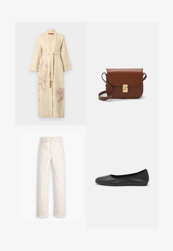 Kerge kollane linane hommikumantel koos roosa taimekirjeldustega, pikad varrukad, vöökoht ja kontrastõmblused äärealadel.; Valge lühikeste varrukatega T-särk ribatud kangast. Ümara kaelusega, tavalisest sobivusest ja peente õmbluse detailidega. Ilma mustrite või graafikateta.; Valged teksased sirge jala disainiga, viie taskuga stiilis ja vasest detailide aktsentidega. Toorik lõpp äärtes.; Musthave mustika tantsutossud mustast nahast, ümmarguse varbaga, siledast tekstuurist, minimaalse õmblusdetailiga ja paindliku tallakujundusega.; Pruunist nahast käekott, millel on klapiga sulgur, kuldne riistvara, õlarihm ja sile tekstuur. Kompaktne ristkülikukujuline vorm.