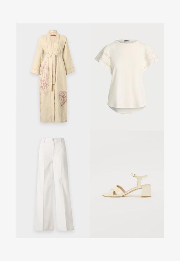 Linnenhamn i ljusgul med rosa broderier av växter, långa ärmar, knytmidja och kontrasterande sömmar längs kanterna.; Vaalea kerma lyhythihainen paita, jossa on pitsiyksityiskohtia hihoissa, pyöreä pääntie ja hieman kaareva helma rentoa istuvuutta varten. Pehmeä kangastunne.; Valkoiset leveälahkeiset housut, jotka on valmistettu puuvillasta ja joissa on sileä rakenne. Ominaisuuksiin kuuluvat etupainike, vetoketjuluukku ja neljän taskun muotoilu.; Beige patento nahkapohjalliset korkokengät ristiin menevällä hihnalla, avonaisella varpaalla, säädettävällä nilkkahihnalla ja lohkarekorolla. Sujuva pinta.