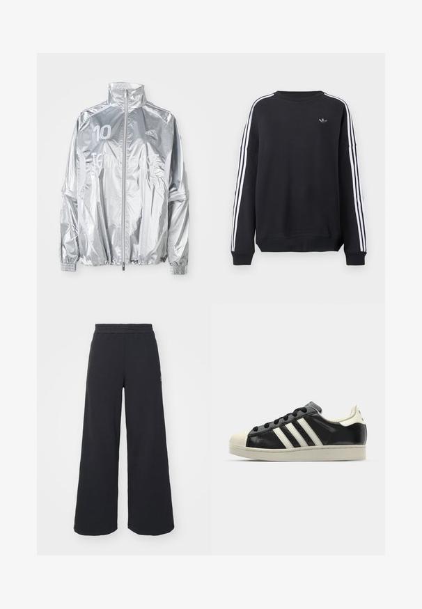 Sølv Adidas zip-up jakke med høy krage, elastiske mansjetter, "10" på venstre bryst og "TEAM GAST" tekst over fronten.; Svart genser med lange ermer, hvite striper langs hver arm og en liten grå logo på brystet. Laget av bomull, avslappet passform.; Svart bukse med vid benvidde laget av myk stoff, med elastisk midjebånd og en liten logo på venstre side.; Svarte skinnsneakers med hvite striper, gummitopp, svarte lisser og en kremfarget såle. Glatt tekstur med blank finish.