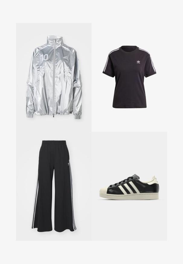 Casaco prateado da Adidas com fecho, gola alta, punhos elásticos, "10" no lado esquerdo do peito e texto "TEAM GAST" na frente.; T-shirt preto de algodão de mangas curtas com gola redonda, apresentando riscas brancas nos ombros e um pequeno logotipo branco da Adidas no peito.; Calças de suor largas e pretas com uma cintura elástica, apresentando riscas brancas nas laterais e um logótipo bordado na coxa esquerda.; Sapatilha de couro preto com riscas brancas, biqueira de borracha, atacadores pretos e sola na cor creme. Textura suave com acabamento brilhante.