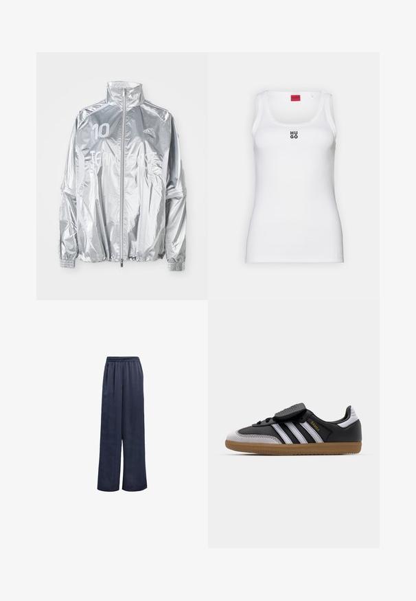 Sølv Adidas zip-up jakke med høy krage, elastiske mansjetter, "10" på venstre bryst og "TEAM GAST" tekst over fronten.; Hvit tank topp laget av bomull, har et enkelt design med rund hals og svart "HUGO"-logo i midten. Glatt tekstur.; Marine viddebukser laget av glatt stoff med elastisk midje og uten synlig hardvare. Har en avslappet passform og full lengde.; Svart lær og grå semsket sneakers med hvite striper, gummisåle, snøring foran, og borrelås. Har "Samba" merke i gull.