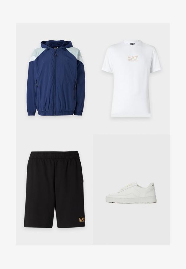 Mornarska vetrovka z svetloblue odtenki, elastičnimi manšetami, nastavljivo kapuco in žepi z zadrgo; ima teksturiran, lahek material.; Bela bombažna majica s krožnim izrezom in kratkimi rokavi, s pozlačenim logotipom EA7 Emporio Armani natisnjenim spredaj.; Črne športne kratke hlače iz mehkega blaga, z elastičnim pasom in majhnim rumenim logotipom EA7 na spodnjem levem delu noge.; Bela usnjena športna obutev z gladko površino, okroglo prst, ravne vezalke in teksturiran podplat. Ima diskretno logo na peti.