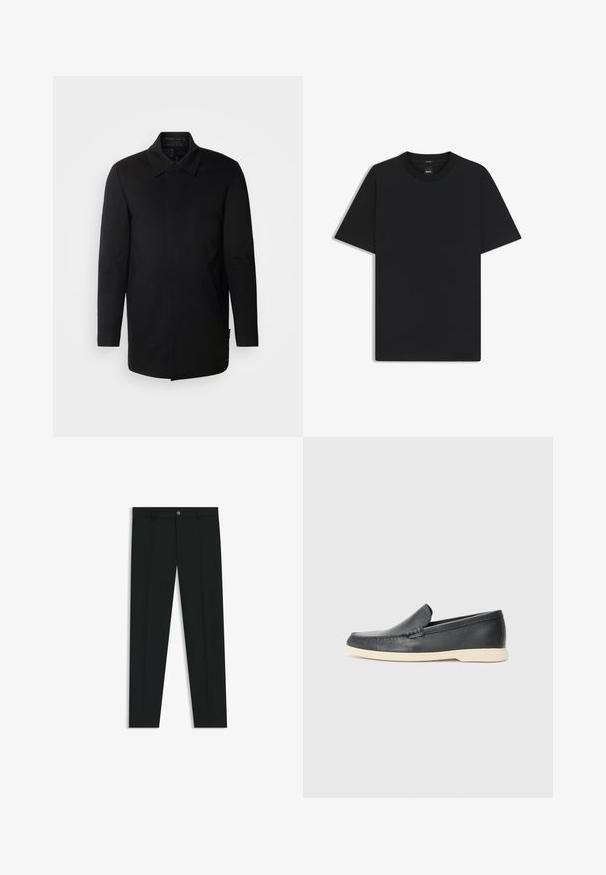 INDICODE JEANS Kurzmantel - black; Schwarz T-Shirt mit kurzen Ärmeln aus einem glatten Baumwollmix, mit Rundhalsausschnitt und einem minimalistischen Design ohne Muster oder Akzente.; Schwarze Anzughosen mit geradem Bein, aus glattem Stoff. Mit Knopfverschluss vorne und Gürtelschlaufen. Schlicht ohne Muster.; Schwarze Leder-Slipper mit strukturiertem Finish und einer kontrastierenden beige Gummisohle. Mit einem dezenten Akzent an der Vorderseite.