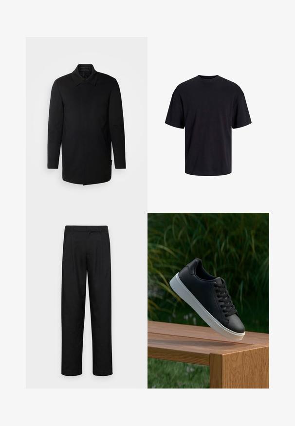 INDICODE JEANS Manteau court - black; T-shirt en coton noir avec un col ras du cou, des manches courtes et une coupe décontractée. Texture lisse sans motifs ni accents visibles.; Pantalons noirs en tissu lisse, avec une coupe droite, deux plis avant et une taille standard avec passants de ceinture.; Baskets en cuir noir avec une texture lisse, semelle en caoutchouc blanc, et six œillets pour les lacets, disposées sur une surface en bois.