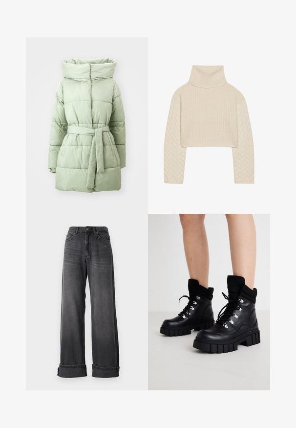 Světle zelená péřová bunda s páskem v pase, vysokým límcem a horizontálně prošívanou texturou, s hladkým, lesklým povrchem.; Krémově zbarvený zkrácený svetr s vysokým límcem, texturovaným pleteným tělem a rukávy s rybí kostrou. Vyrobeno z měkké příze.; Džíny s širokými nohavicemi v tmavě šedém denimovém provedení, s vysokým pasem, pěti kapsami a ohrnutými zakončeními pro přidaný detail. Hladká textura s jemným vyblednutím.; Černé kožené kotníkové boty s texturovaným látkovým límcem, silnou platformou, kulatou špičkou a stříbrnými prvky na šněrování.
