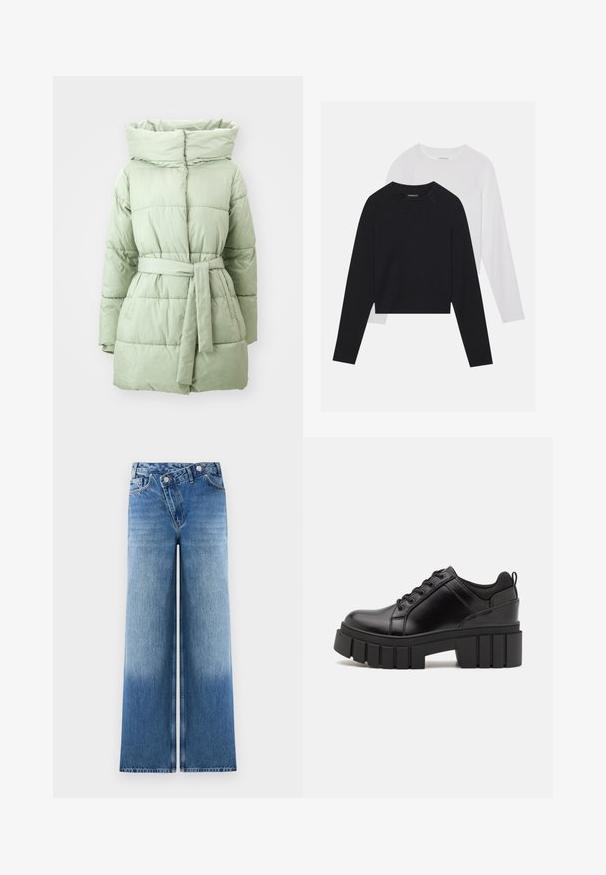 Lys grøn pufjakke med bælte i taljen, høj krave og vandret quiltet struktur, der har en glat, shiny stofoverflade.; To lange langærmede skjorter: en sort og en hvid. Begge har en rund halsudskæring, raglanærmer og et blødt bomuldsblandingsstof.; Lysblå vidde jeans med en falmet vask, der har et klassisk fem-lomme design og metalknap detaljer i taljen.; Sorte læder platform sko med en klodset blokhæl, rund tå og traditionelt snøredesign. Har en glat tekstur og minimal detaljering.