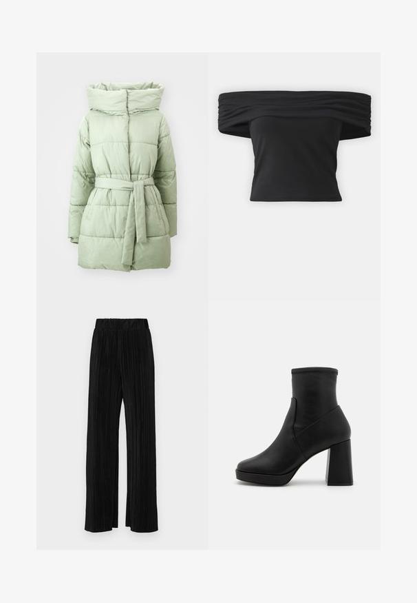 Šviesiai žalia pūkų striukė su diržu talijoje, aukštu apykakle ir horizontaliu siuvinėjimu, su lygiu, blizgančiu audiniu.; Juoda off-the-shoulder palaidinė su suraukimu kaklo zonoje, trumpomis rankovėmis ir prigludusia trumpa forma. Pagaminta iš elastingos medžiagos.; Juodi plisuoti kelnės su elastine juosta. Turėkite plačias kojas ir glotnų, tekstūrinį audinį su vertikaliais dryžiais.; Juodas odinis aukštas aulinukas su storu blokiniu kulnu, lygia tekstūra ir prigludusia viršutine dalimi. Savybės - vientisas dizainas be matomų užsegimų.