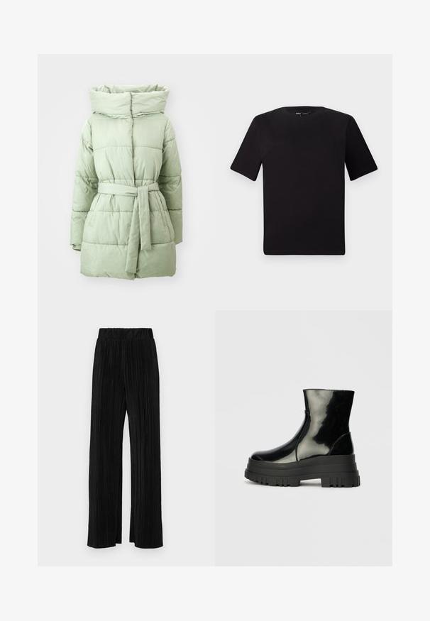 Lichtgroene pufferjas met een koppeling in de taille, hoge kraag en horizontale quiltstructuur, met een gladde, glanzende stofafwerking.; Zwarte T-shirt met korte mouwen en een ronde hals, gemaakt van zachte katoenstof. Eenvoudig ontwerp, geen zichtbare logo's of patronen.; Zwarte geplooide broek met een elastische tailleband. Beschikt over wijde pijpen en een glad, gestructureerd stof met verticale strepen.; Zwarte glanzende enkelboot met dikke profielzool en ronde neus, zijaanzicht op een effen lichtgrijze achtergrond.