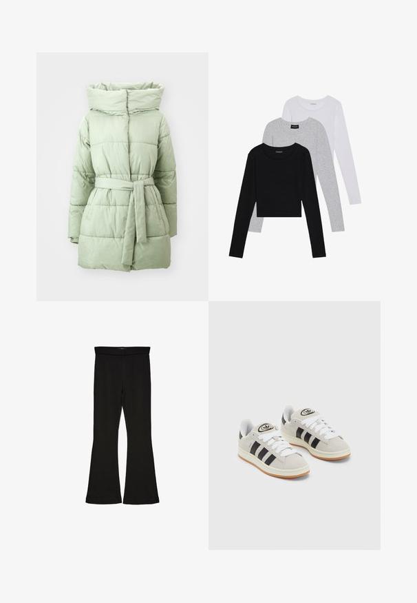 Lichtgroene pufferjas met een koppeling in de taille, hoge kraag en horizontale quiltstructuur, met een gladde, glanzende stofafwerking.; Drie langmouwige tops gestapeld: zwart, grijs en wit. Elke top heeft een ronde halslijn en een cropped ontwerp van soepel, lichtgewicht materiaal.; Zwarte flare leggings gemaakt van rekbaar materiaal. Beschikt over een brede tailleband en een zachte textuur, met een getailleerd silhouet dat uitloopt bij de zoom.; Grijze nubucklederen sneakers met witte veters, zwarte strepen en een witte rubberen zool. Bevat een rond logo op de tong en een gumzool.