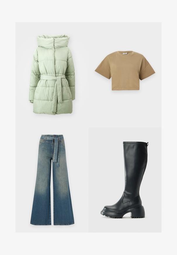 Hele roheline pufferjope, millel on vööga vöökoht, kõrge krae ja horisontaalne tikitud tekstuur, millel on sile ja läikiv kangas.; Lühikeste käistega khaki värvi puuvillane t-särk. Omab ümmargust kaelust ja langetatud õlgu ning on pehme ja sujuva tekstuuriga.; Laiad denimpüksid, millel on hele tume sinine gradiendiefekt, kõrge vöökoht, vöökumlid ja sobivast kangast vöö. Struktureeritud denimi viimistlus.; Kõrge must nahksaapad, millel on massiivne platvormi tald ja blokk-kand, varustatud tõmbenööriga ja tekstuuriga väljatõmbejääk.