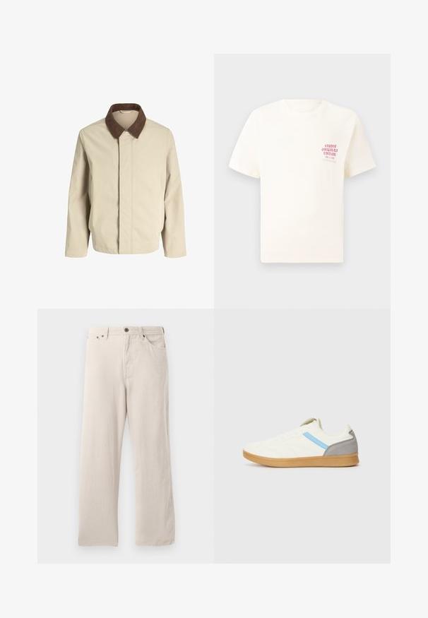 Veste beige clair avec un col en velours côtelé marron, coupe droite, fermeture à l'avant et poches latérales. Texture lisse avec un minimum de coutures.; T-shirt blanc à manches courtes avec le texte rouge "Édition Originals du Studio" sur la poitrine gauche, présenté sur un fond gris neutre.; Pantalon droit en velours beige, avec une texture côtelée, un design à cinq poches et une fermeture à boutons.; Baskets avec une tige crème, une rayure latérale bleue et un accent de talon gris. Présente un design texturé et une semelle en caoutchouc naturel.