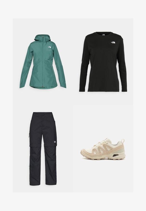 Mākoņzaļa ūdensnecaurlaidīga jaka ar kapuci, pilnu rāvējslēdzēju un divām sānu kabatām. Ar logotipu uz krūtīm, izgatavota no gludas, vieglas materiāla.; Melnas garām piedurknēm T-krekls, izgatavots no kokvilnas ar apaļu kaklu. Tam ir mazs balts logo kreisajā krūtīs. Vienkāršs dizains un piegulums.; Melni nailona bikses ar noņemamām kājām, regulējamiem uzmavām, vairākām kabatām un logotipu uz labās kājas. Gluda, viegla tekstūra.; Beige un krēma sporta apavi ar strukturētu tīkla virsmu, atbalstošajiem slāņiem un gumijas zoli ar protektoru rakstu, kas nodrošina saķeri.