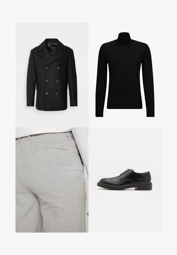 Isaac Dewhirst NEW SHORT PEACOAT SIDE ENTRY - Lengva striukė - black; Juodas aukšto kaklo megztinis, pagamintas iš minkštos medžiagos, su ilgomis rankovėmis ir prigludusia forma. Su raukiniais apačioje ir rankogaliuose. Paprastas dizainas.; Šviesiai pilkos spalvos pritaikytos kelnės iš faktūrinės medžiagos, turinčios vieną užpakalinę kišenę ir tvarkingus siūlus.; Juodas odinis batų modelis su raišteliais, apvaliu nosiu, lygiu paviršiumi, minimaliai siuvinėjimu ir žemu guminėmis pakulne. Ant pakulnės šalia logo.