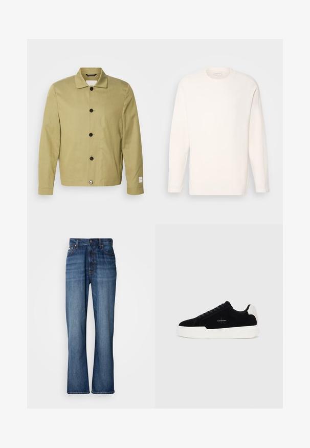 Svetlo olivovo zelená bunda vyrobená z ľanu, s rovnými líniami, čiernymi gombíkmi a visačkou na rukáve. Žiadne vzory ani ozdoby viditeľné.; Dlhý rukáv, tričko s okrúhlym výstrihom v odtieni off-white, s hladkým povrchom. Jemný logotyp na hrudi, rovný lem a mäkké manžety.; Modré džínsy s vysokým pásom, rozšírenými nohavicami, dizajnom s piatimi vreckami a tónovaným prešívaním. Obsahujú zapínanie na gombík a nitované vrecká.; Čierne nízke tenisky s bielou podrážkou a pätkou, šnurovací predok a logo Calvin Klein na boku.
