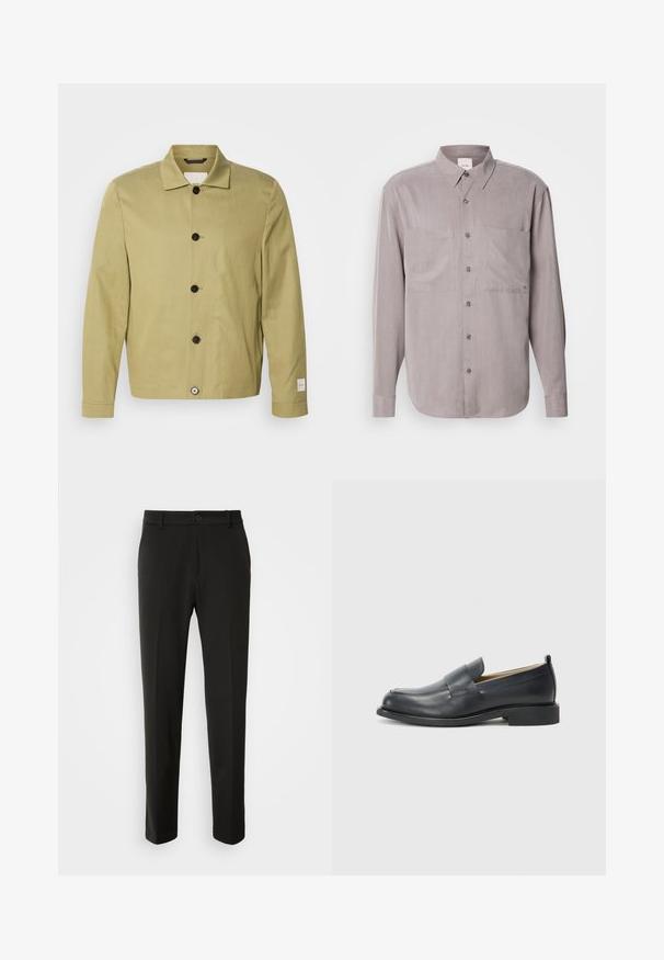 Gai olīvzaļš žakets, kas izgatavots no lina, ar taisnu piegriezumu, melniem pogām un uzrakstu uz piedurknes. Nav redzami nekādu rakstu vai rotājumu.; Ilgā piedurkne pogājamā krekla izgatavots no bālā pelēka auduma, ar divām krūšu kabatām, klasisku apkakli un tonālu pogu aizdari.; Melnas bikses no gludas auduma ar taisnām kājām, pogu aizdari un klasisku dizainu, kas piemērots gan formālai, gan ikdienišķai valkāšanai.; Melnas ādas loafers ar gludu virsmu, plakanu zoli un noapaļotu pirkstu, ar dekoratīvu jostu pāri augšdaļai.