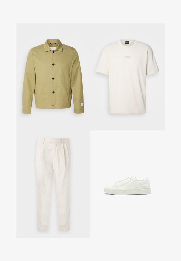 Light olive green jacket made of linen, featuring a straight cut, black buttons, and a tag on the sleeve. No patterns or embellishments visible.; BOSS TEE - Basic T-shirt - open white; White, pleated trousers with a tailored fit, featuring a smooth texture, belt loops, and tapered legs. No visible pockets or patterns.; White leather sneaker featuring a textured upper, a round toe, minimalistic design, and a rubber sole with stitched detailing.
