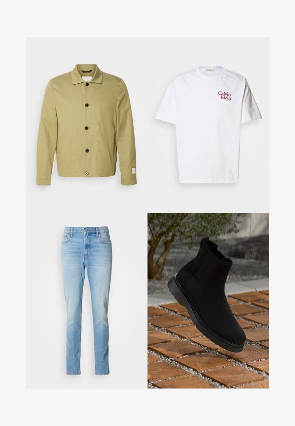 Veste vert olive clair en lin, présentant une coupe droite, des boutons noirs et une étiquette sur la manche. Aucun motif ni ornement visible.; T-shirt en coton blanc avec un col rond, des manches courtes et un logo "Calvin Klein" brodé en rouge sur la poitrine.; Chemise brune à manches longues, avec col, poche poitrine et texture lisse. Comprend des boutons gris sur le devant.; Jean en denim bleu clair avec une coupe droite, un léger délavage et un design classique à cinq poches. Comprend une fermeture à bouton et des passants de ceinture.; Bottine noire en matériau lisse avec des coutures subtiles, une semelle en caoutchouc et un design épuré, positionnée au-dessus d'une surface à texture bois.