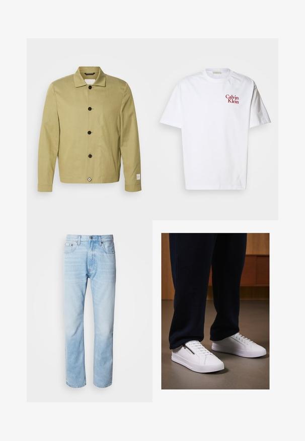 Helles olivgrünes Jackett aus Leinen, mit geradem Schnitt, schwarzen Knöpfen und einem Etikett am Ärmel. Keine sichtbaren Muster oder Verzierungen.; Weißes Baumwoll-T-Shirt mit Rundhalsausschnitt, kurzen Ärmeln und rotem gesticktem "Calvin Klein"-Logo auf der Brust.; Hellblaue Jeans aus Denim mit geradem Schnitt, die verblasste Abschnitte, ein Fünf-Taschen-Design und einen klassischen Knopfverschluss aufweisen.; Weiße Sneaker aus glattem Leder, mit flacher Sohle und Schnürdesign. Details mit seitlichem Reißverschluss erhöhen die Funktionalität. Kombiniert mit dunklen Jogginghosen.