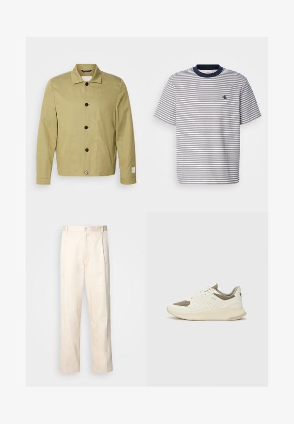 Giacca di lino verde oliva chiaro, con taglio dritto, bottoni neri e un'etichetta sulla manica. Nessun motivo o decorazione visibile.; T-shirt in cotone a righe con colletto e polsini blu navy, caratterizzato da righe orizzontali blu e bianche; piccolo logo ricamato sul petto.; Pantaloni in cotone beige con taglio dritto, dotati di chiusura a bottone e pence sul davanti per un tocco di dettaglio in più.; Sneaker atletica bianca e beige chiaro, con tomaia in mesh, dettagli perforati e una suola intermedia texturizzata con marchio sul tallone.