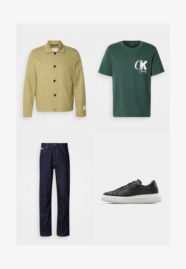 Lys olivengrøn jakke lavet af linned, med lige snit, sorte knapper og et mærke på ærmet. Ingen mønstre eller udsmykninger synlige.; Grøn bomulds T-shirt med korte ærmer, rund hals, med et stort hvidt CK-logo på brystet og teksten "Calvin Klein EST 1968".; Mørkeblå denim jeans med lige ben-design, der har en knaplukning, fem lommer og kontrastsyede detaljer.; Sorte lædersneakers med en glat overflade, hvid gummisål, afrundet form, seks øjer til snørebånd og diskret branding på hælen.