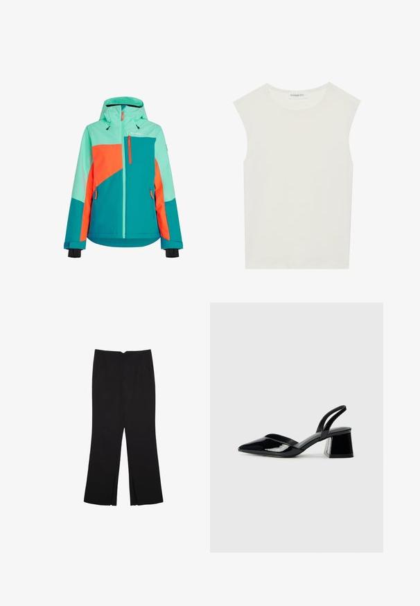 Veste de ski colorée avec un mélange de turquoise, d'orange vif et de vert menthe. Comprend une capuche, des fermetures éclair et des poignets ajustables.; Haut sans manches blanc avec un col rond. Fabriqué en tissu lisse, il présente une coupe décontractée et un design minimaliste. Pas de motifs ni d'accents.; Pantalon noir avec une coupe droite, doté de poches avant et d'éclairs sur l'ourlet. Fabriqué en tissu doux et lisse. Convient à diverses occasions.; Escarpins en cuir verni noir avec bout pointu et talon bloc géométrique. Présente un design élégant et minimaliste ainsi qu'une texture lisse.
