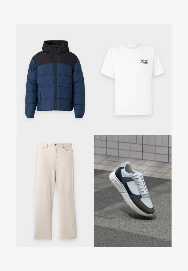 Mørkeblå dunjakke med sorte skuldre, med glidelås foran, hette og elastiske mansjetter. Vanntett materiale med quiltet tekstur.; Hvit bomull T-skjorte, korte ermer, rund hals. Har svart tekstlogo "JACK & JONES" på venstre brystområde. Enkel, ensfarget design.; Beige kordfløyelsbukser med rett snitt, med ribbet tekstur, fem-lomme design og knappestolpe.; Hvitt, marineblått og grått sportsko med en blandet materialdesign, som har en teksturert overdel, flate snørebånd og en polstret såle.