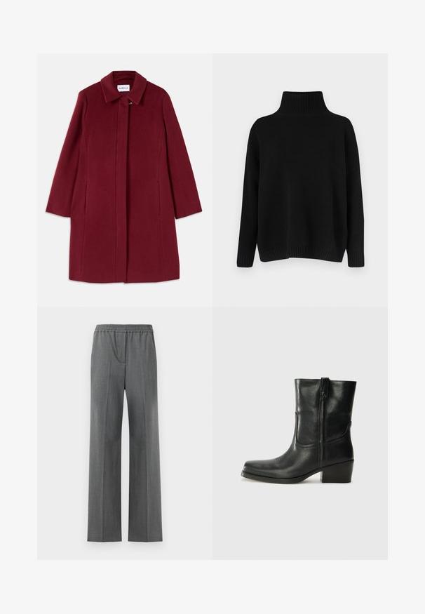Casaco de lã burgundy com um design reto, mangas de comprimento total, bolsos laterais e colarinho em bico. Apresenta um fecho frontal com clasp.; Camisola preta de malha com gola alta canelada, ombros caídos e corte solto. Apresenta punhos e bainha canelados para dar textura.; Calças cinzas de perna larga com um cós elástico, feitas de um tecido texturizado com um padrão de entrelaçado subtil.; Bota de tornozelo em couro preto com bico arredondado, salto bloco, fecho lateral e detalhes em costura na parte frontal. Textura suave, design clássico.