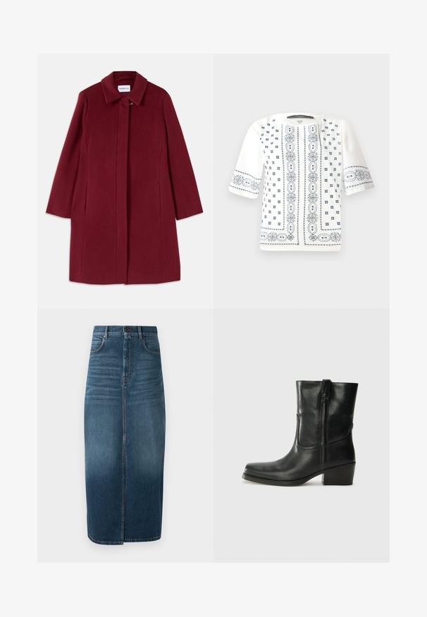 Palton din lână burgundy cu un design drept, mâneci lungi, buzunare laterale și guler cu tăietură. Prezintă un sistem de închidere cu clapă frontală.; Bluză albă cu mâneci scurte, decorată cu broderie florală albastră, guler rotund și modele elaborate pe față și mâneci.; Fustă midi din denim de culoare indigo închis, cu o fante în față și un ușor efect de decolorare. Design clasic cu cinci buzunare și încheiere cu buton metalic.; Botine din piele neagră, cu vârf rotund, toc pătrat, fermoar pe lateral și accente de cusături pe partea superioară. Textură netedă, design clasic.