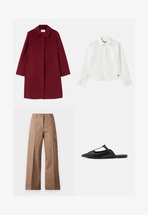 Burgundy gyapjú kabát egyenes szabással, hosszú ujjakkal, oldalsó zsebekkel és kivágott gallérral. Elöl záródó csattal rendelkezik.; Fehér, rövidített hosszú ujjú, pamut ing. Gombos elülső résszel, mellzsebbel és egy kis fekete logóval a bal alsó részen.; Barna, bőszárú nadrág sima anyagból, elülső gombos zárással, két elülső zsebbel és tiszta, szabott vonalakkal.; Fekete bőr slingback cipő hegyes orral, szőtt díszítéssel és redőzött felső dizájnnal. Lapos talp minimális hardverrel.