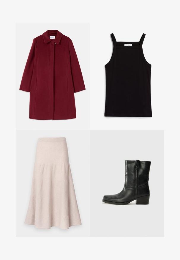 Casaco de lã burgundy com um design reto, mangas de comprimento total, bolsos laterais e colarinho em bico. Apresenta um fecho frontal com clasp.; Camisola preta de alças finas em tecido canelado, com corte reto e uma etiqueta no decote que diz "IVY OAK."; Saia bege clara evasê feita de tecido macio, com cintura alta e design franzido, apresentando uma silhueta fluida.; Bota de tornozelo em couro preto com bico arredondado, salto bloco, fecho lateral e detalhes em costura na parte frontal. Textura suave, design clássico.